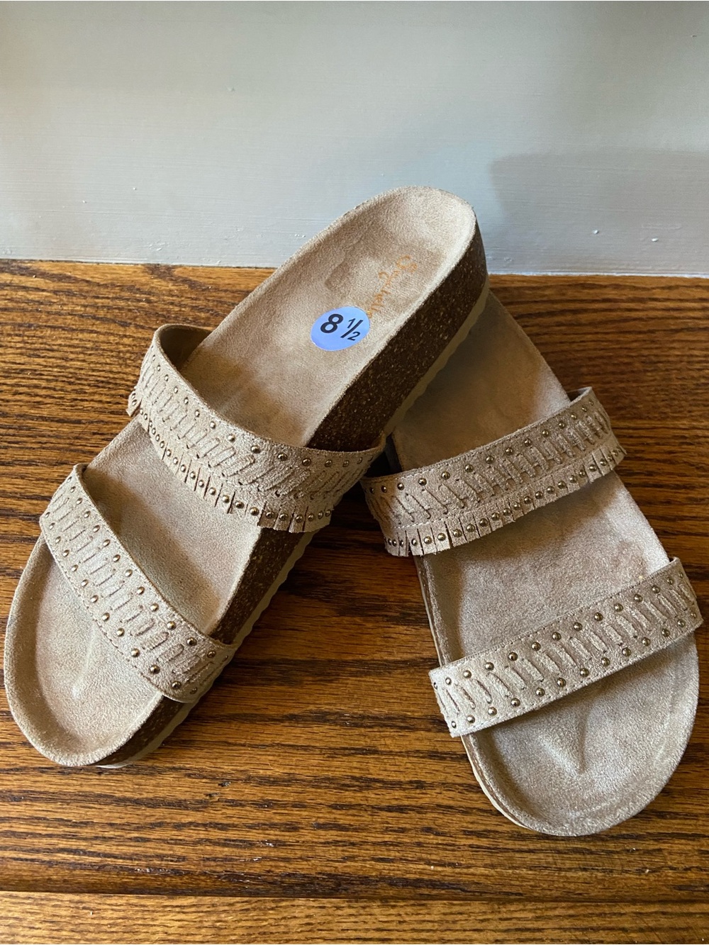 Seychelles Suede Double-Strap Fringe Slide Sandals 8.5 Taupe Beach Vacation Boho